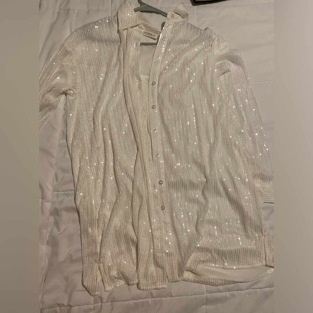 White Sequin Button Down Mini Dress - image 4